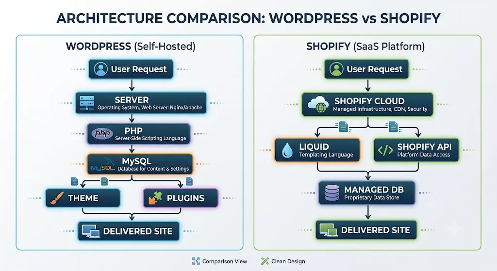 WordPress vs Shopify architecture diagram