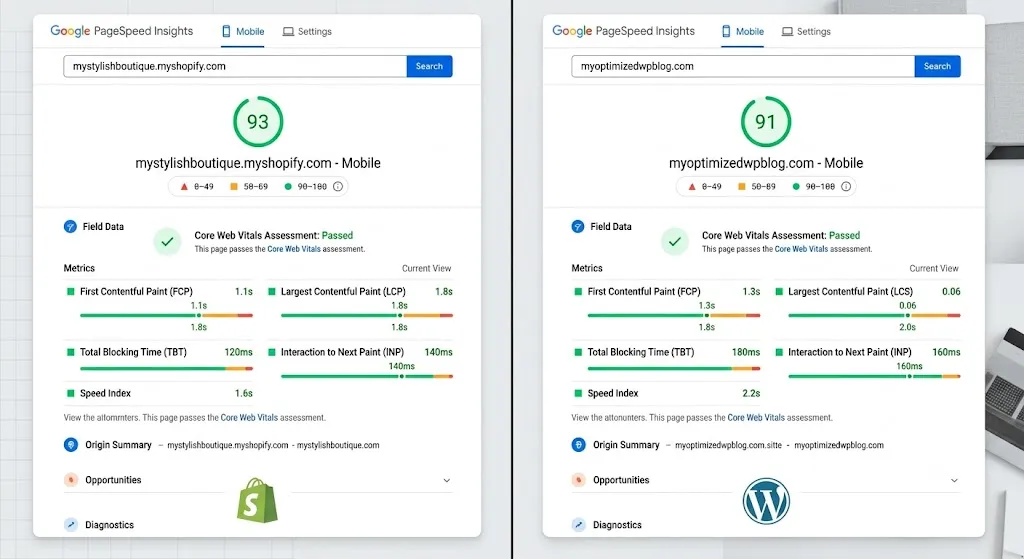 Core Web Vitals comparison WordPress vs Shopify