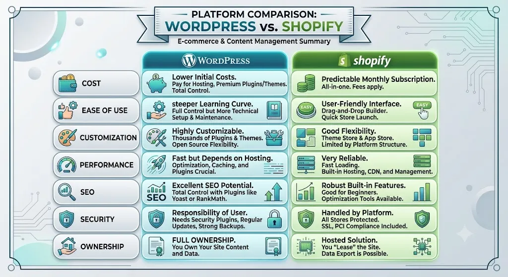 WordPress vs Shopify comparison table 2026